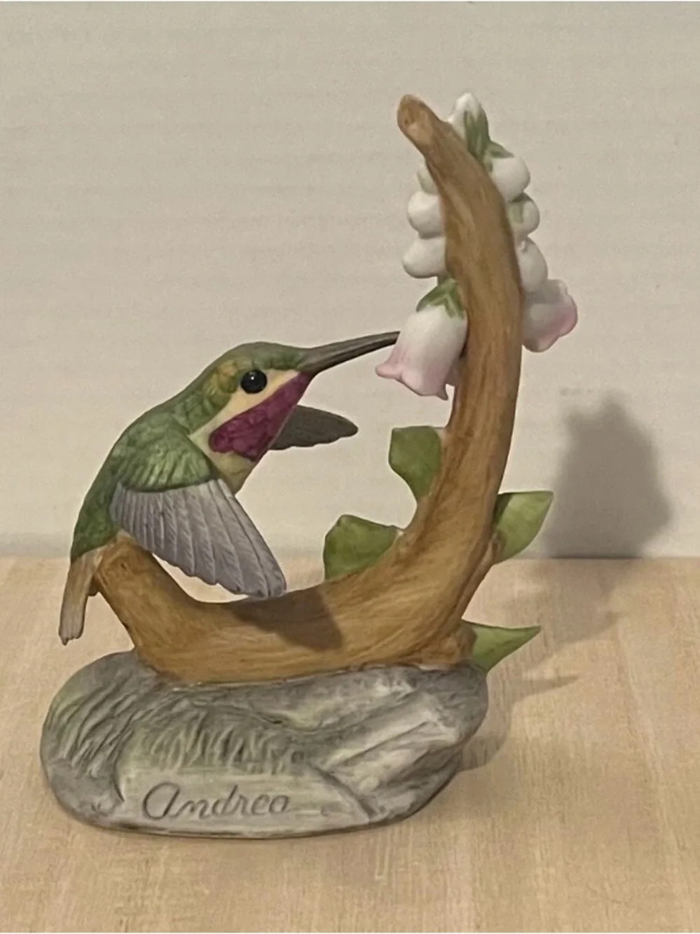 Andrea By Sadek Green Hummingbird with Pink Foxglove Porcelain Figurine